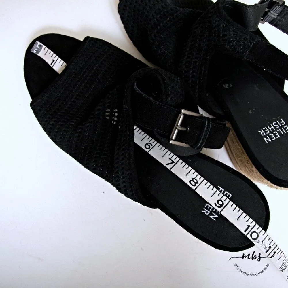 Eileen Fisher Aura Suede Slingback Espadrille Wedges Black‎ Women 9